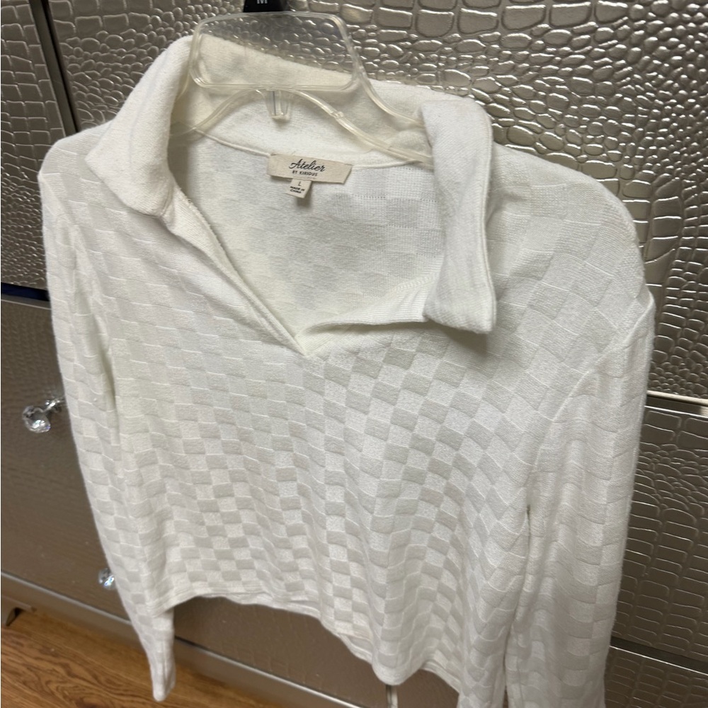 Atelier Sona Ivory Knit Collared Long-Sleeve Top - Picture 3 of 4